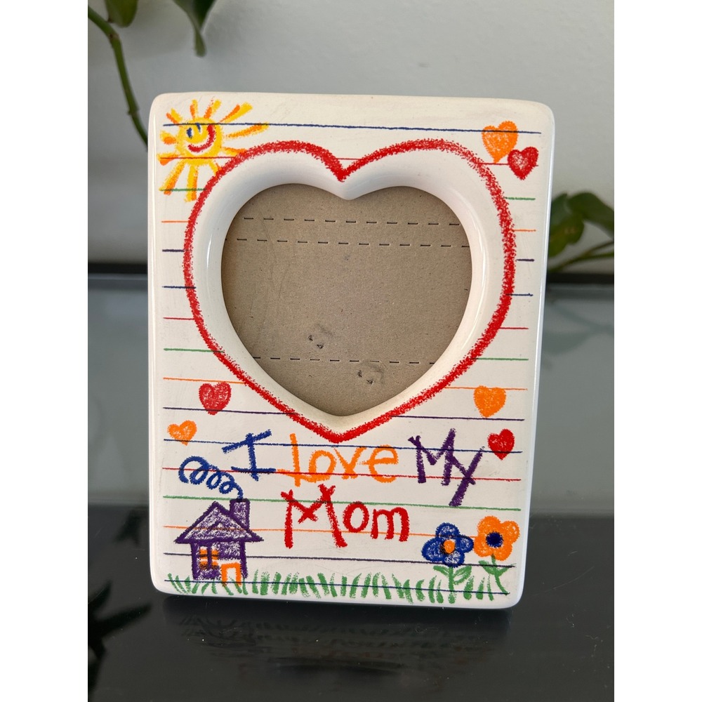 Vintage Papel I Love My Mom Ceramic Heart Picture Frame Crayon Drawing Mother